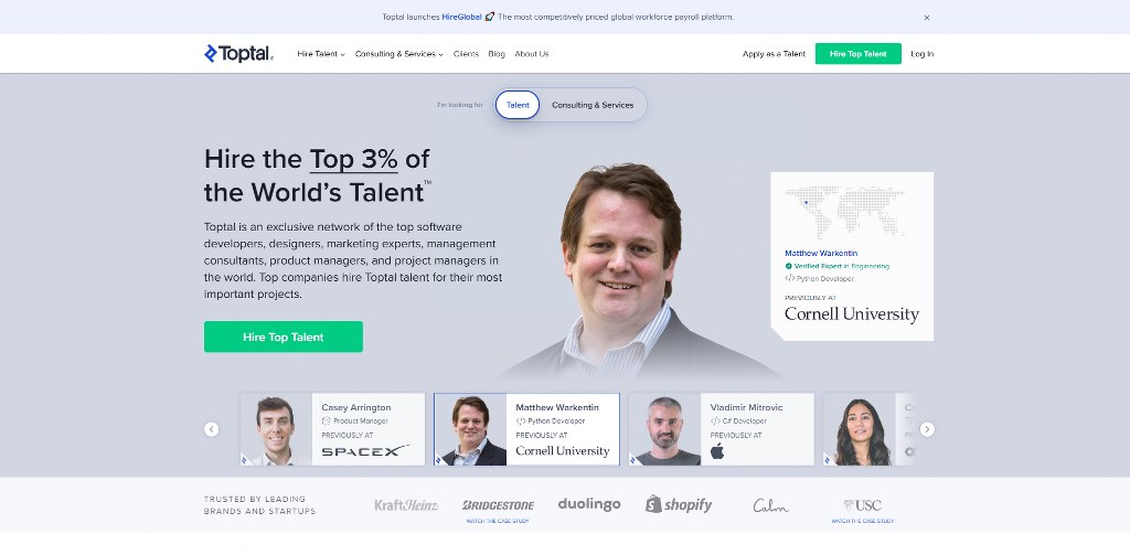 Toptal's website homepage.