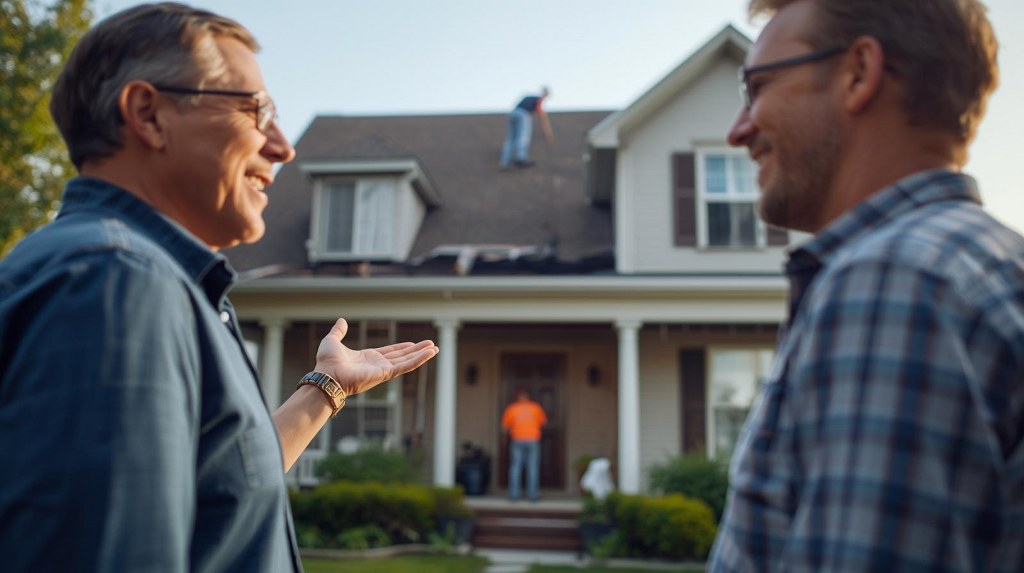 Two homeowners talking warmly in front of a house.