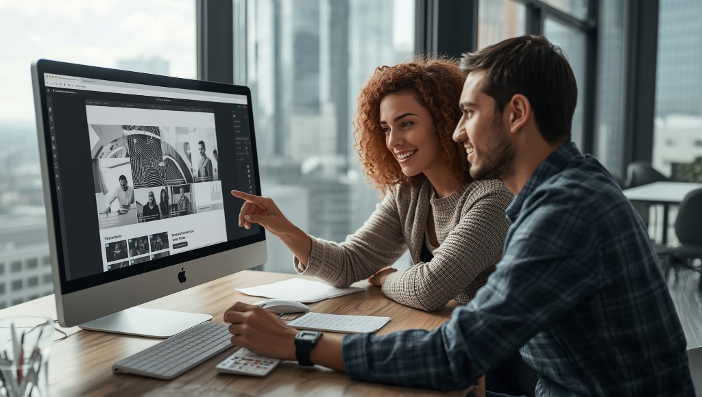 Two web designers looking at a black and white website
