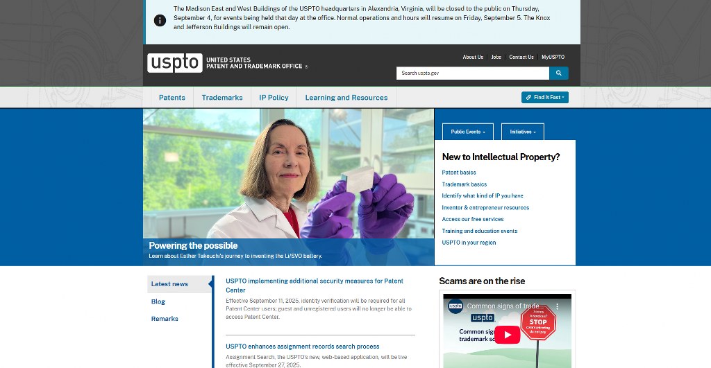 USPTO's website homepage.