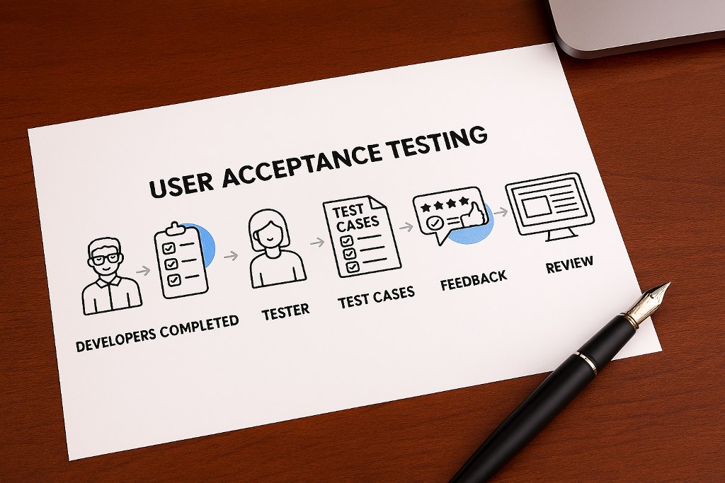 User Acceptance Testing (UAT) workflow on a piece of paper.