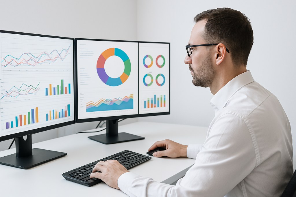 Website analytics dashboards on monitors.