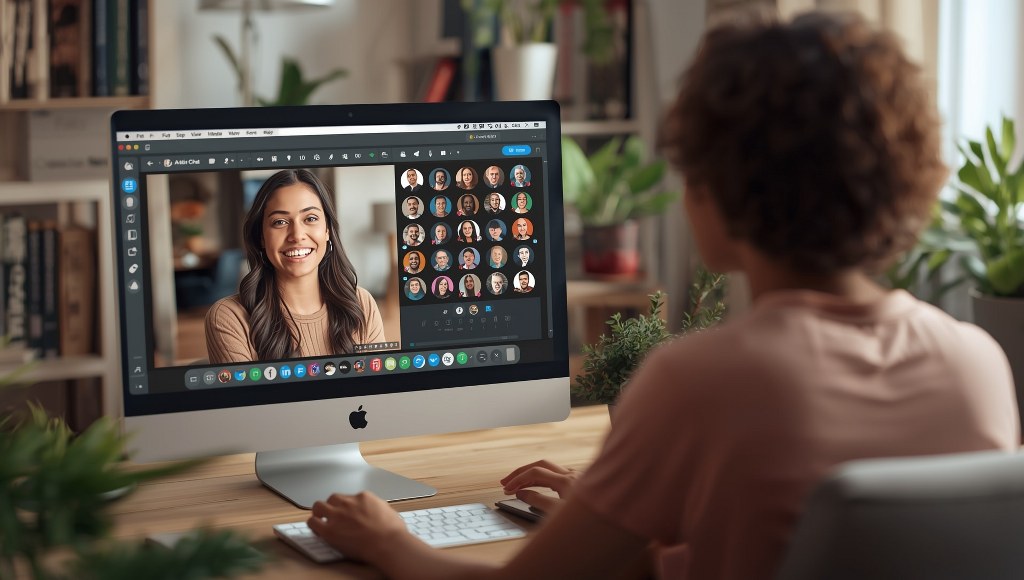 Woman infront of a computer with a friendly smile, hosting a live chat session with their online community.