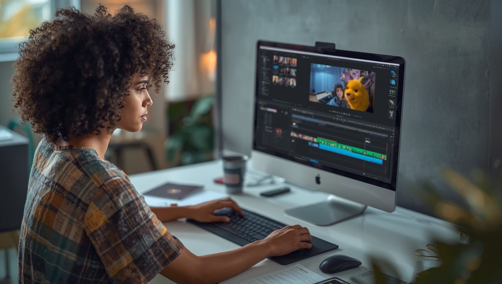 Woman learning how to edit videos, with a User Interface of a video editing software on the screen.