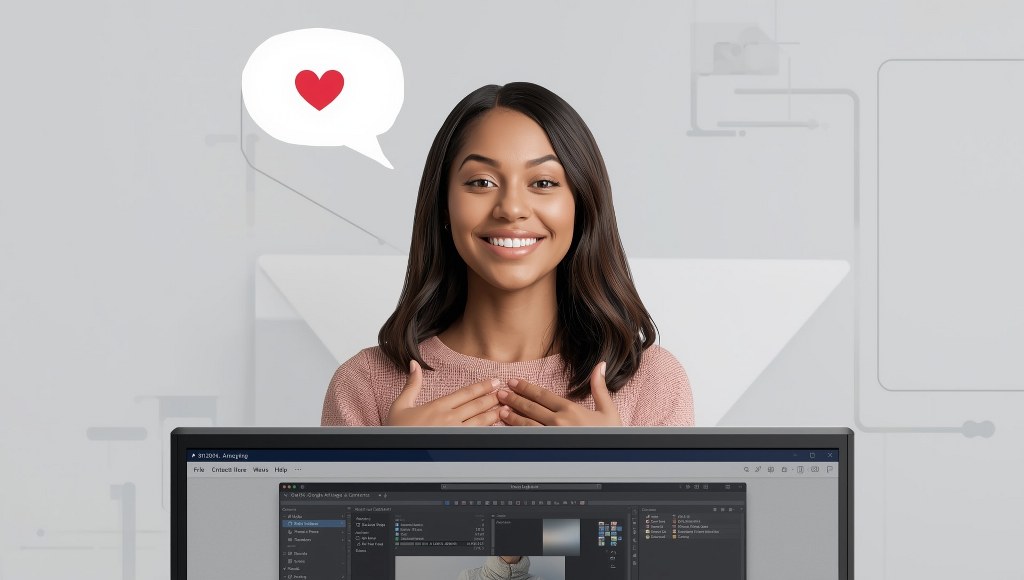 Woman smiles warmly while holding chest.