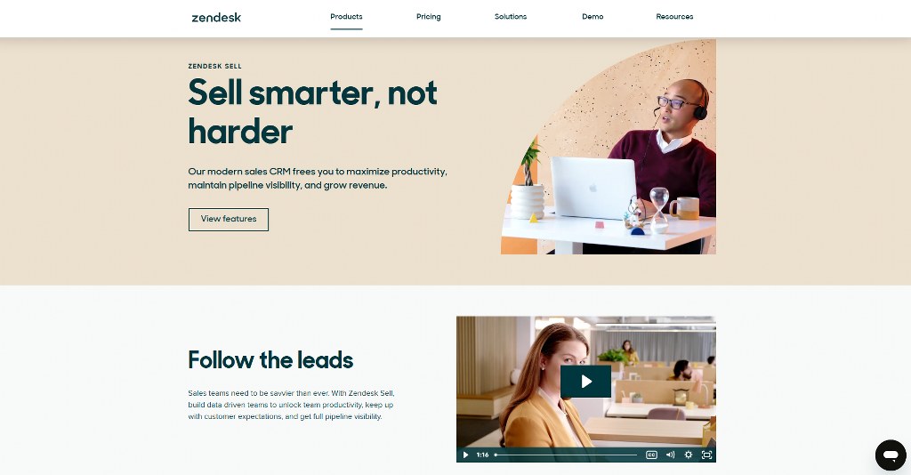 Zendesk Sell's homepage.
