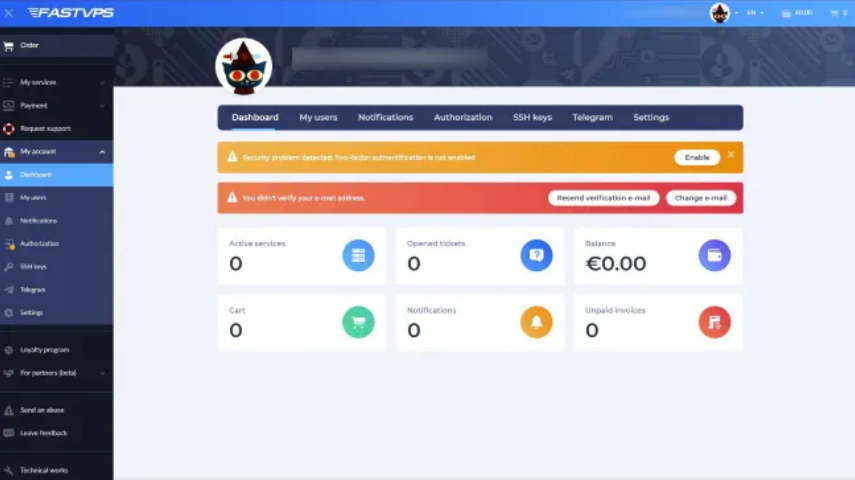 Screenshot of FASTVPS account dashboard with key widgets