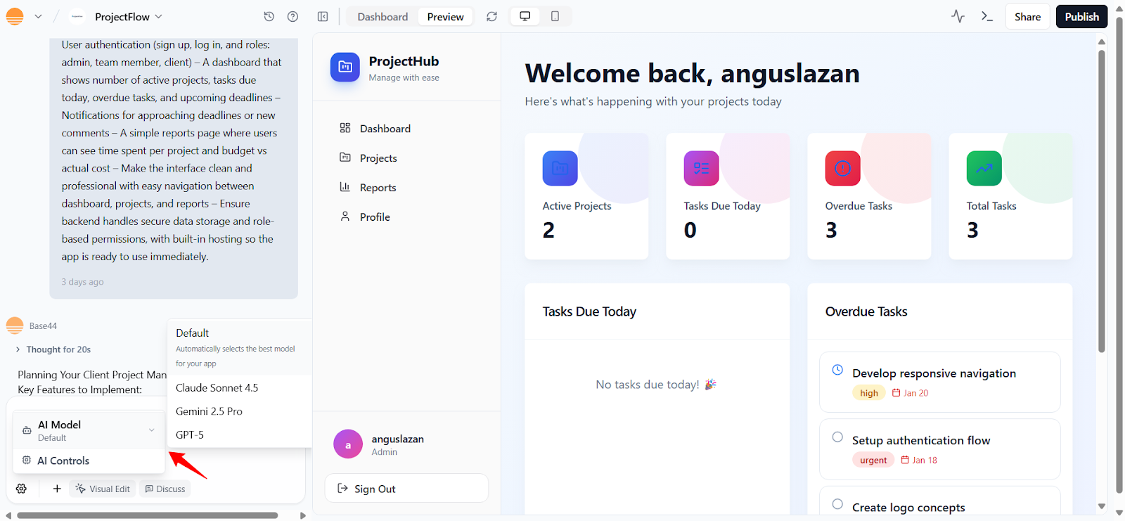 Base44 vs Cursor – Overview screen showing AI build plan and progress log (Base44)