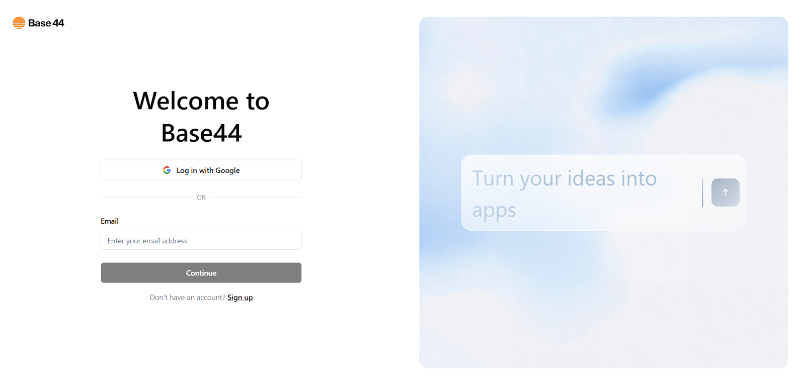 Base44 vs Cursor – Base44 signup flow with Start Building CTA