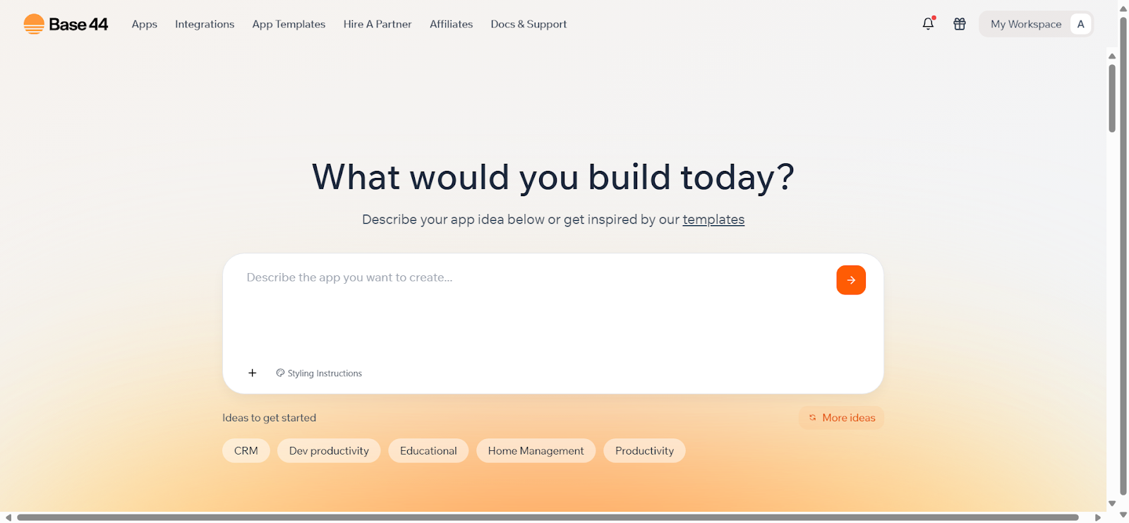 Base44 vs Cursor – Base44 onboarding with prompt input and templates