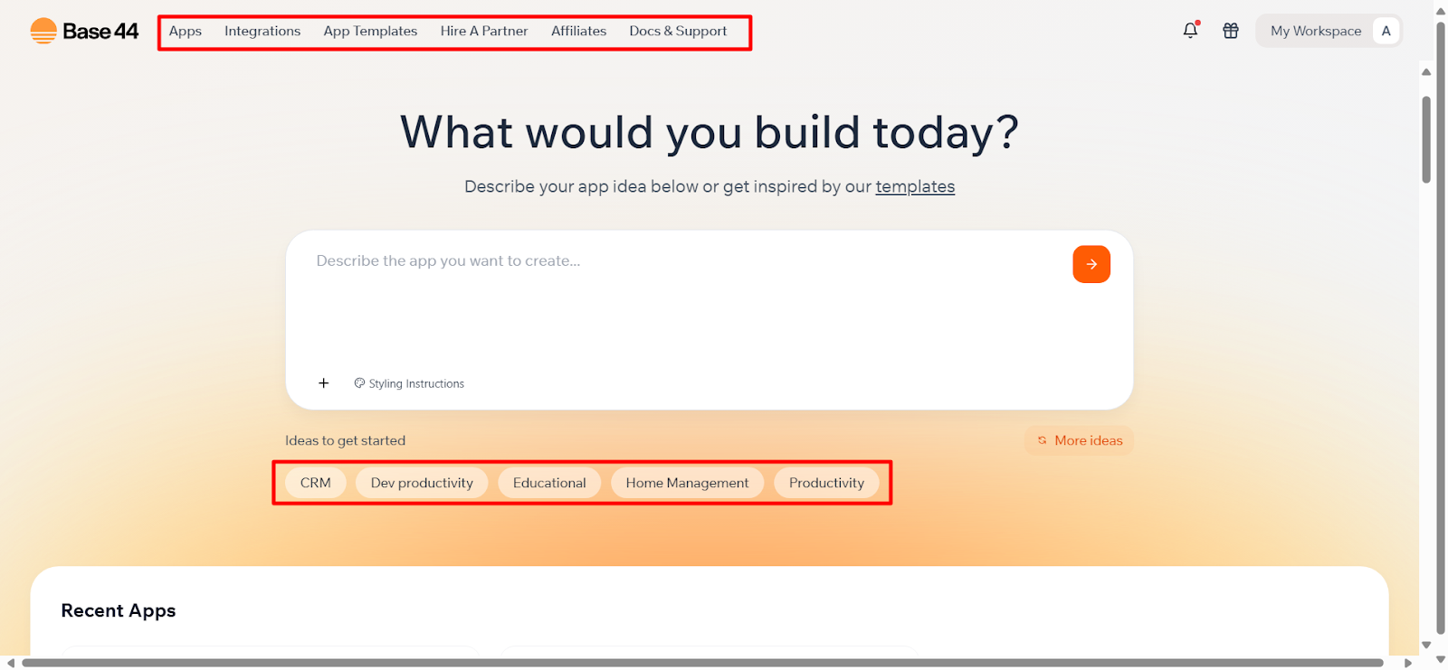 Base44 vs Cursor – Base44 dashboard with Apps, Integrations, Templates