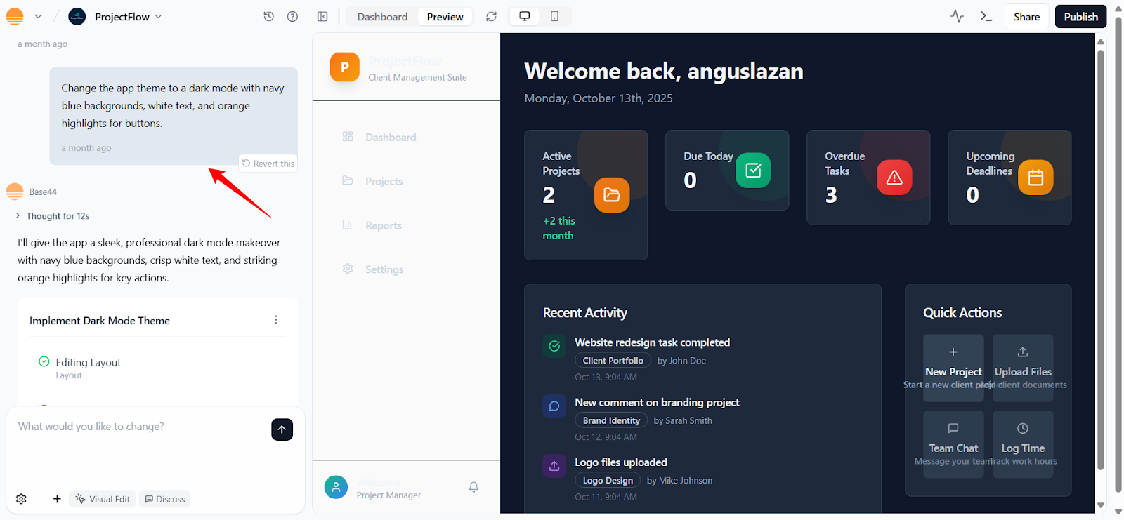 Base44 vs Cursor – Base44 natural language styling change to dark mode