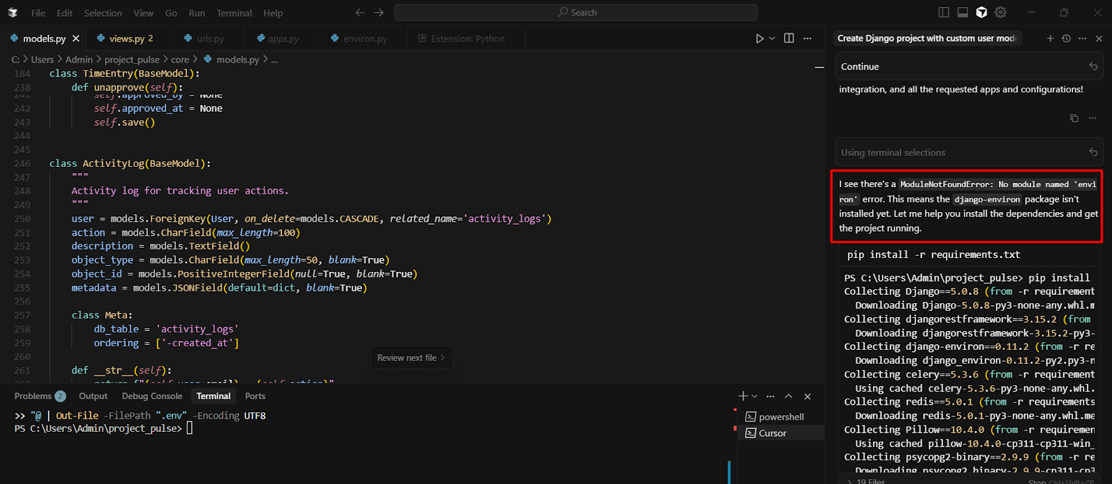 Base44 vs Cursor – Cursor terminal and errors during Django setup