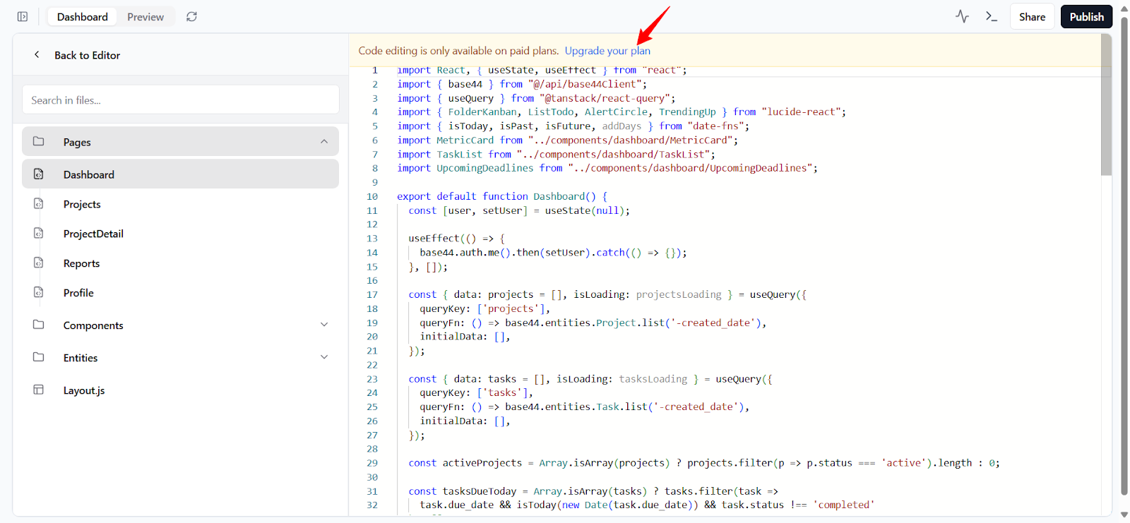 Base44 vs Cursor – Base44 security and export settings panel