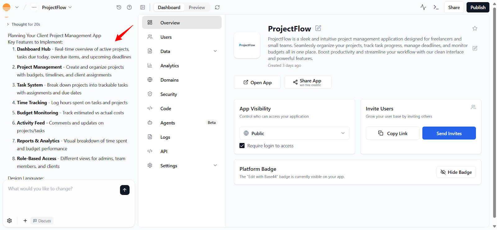 Base44 vs Cursor – Base44 activity log and build progress for ProjectFlow app