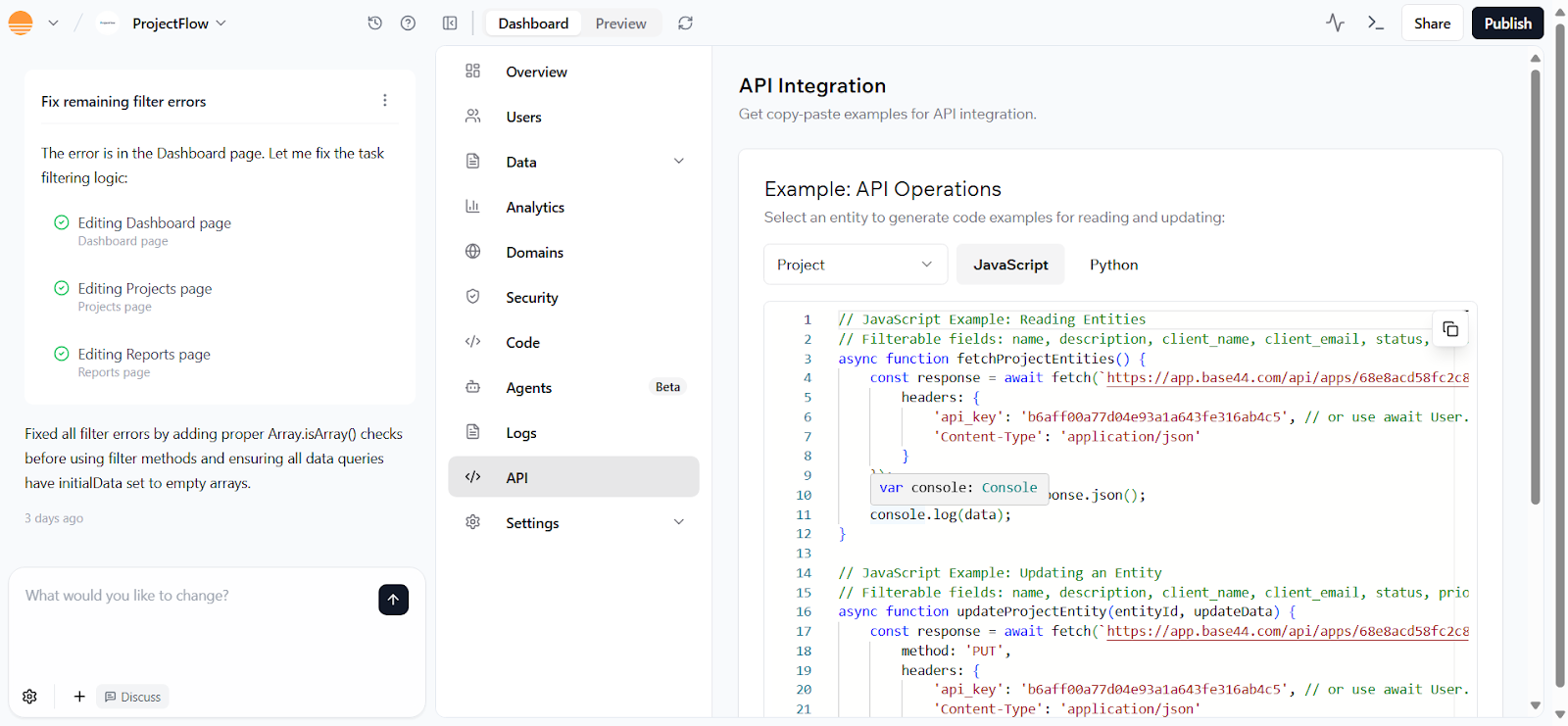 Base44 vs Cursor – Base44 admin backend with analytics, models, and API explorer