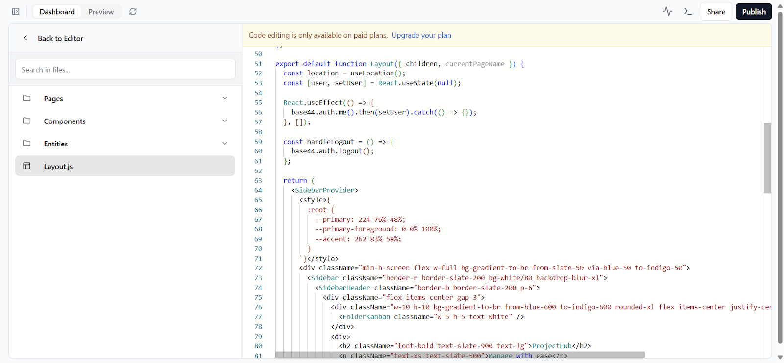 Base44 generated code structure