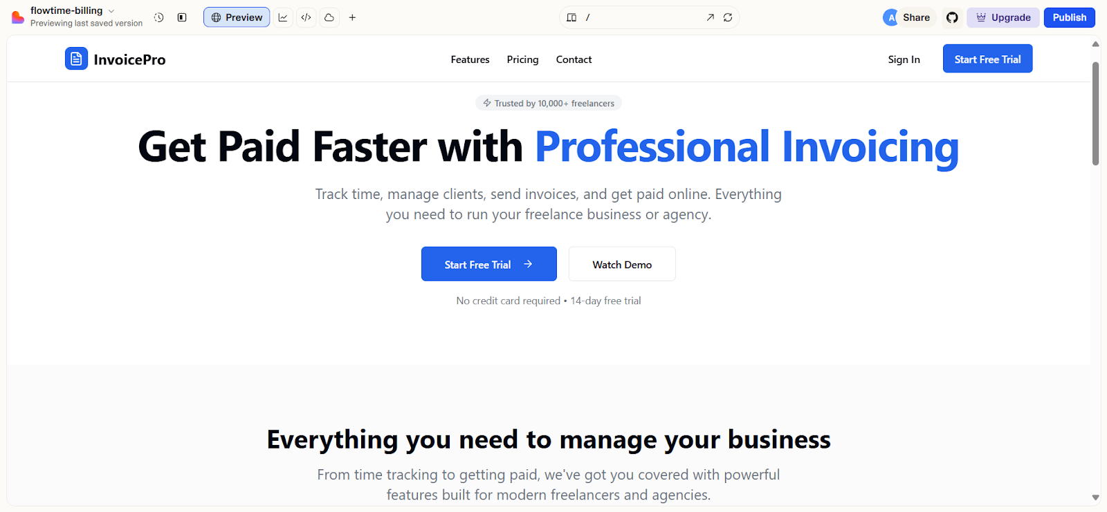 Lovable InvoicePro landing UI