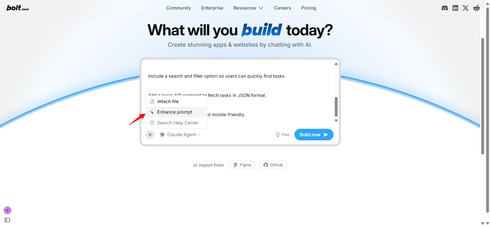 Bolt prompt enhancer UI
