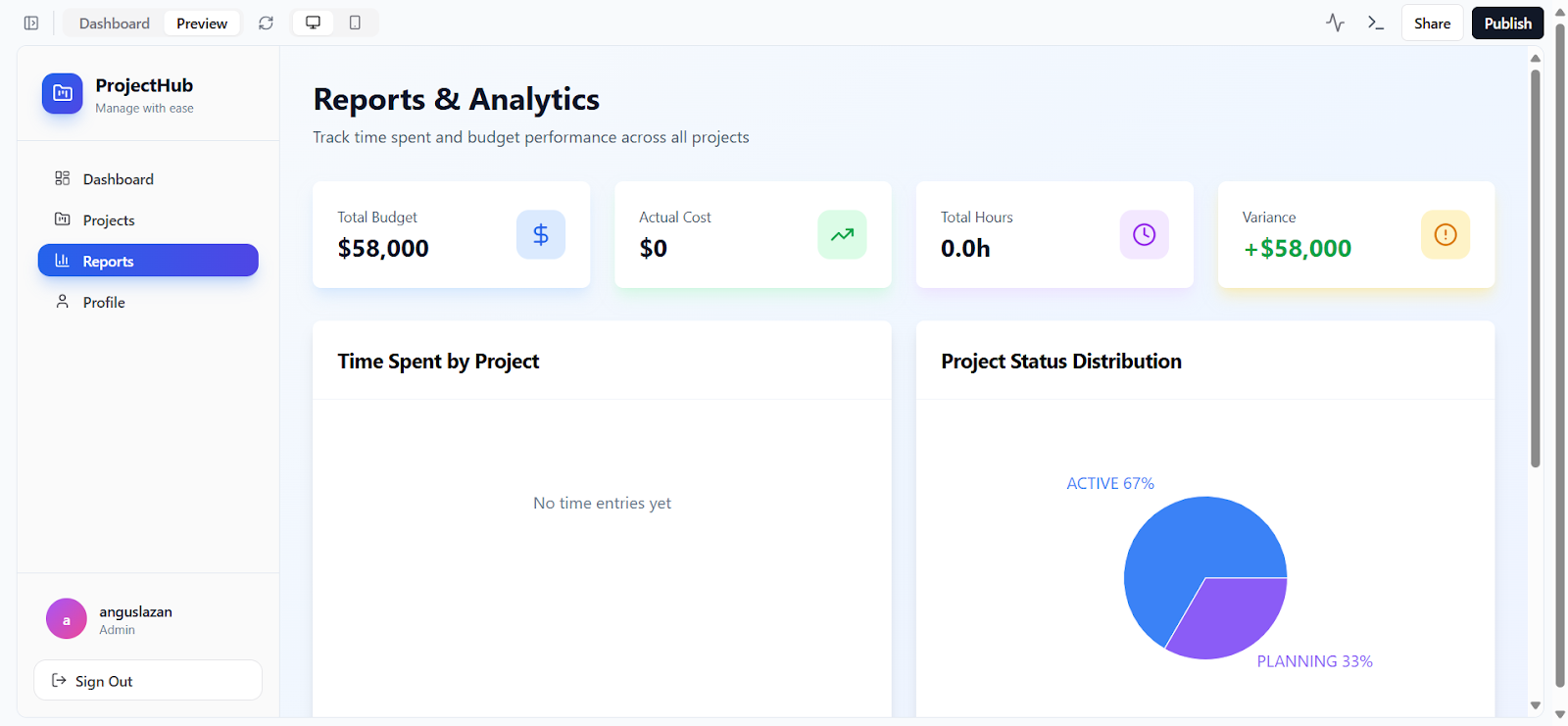 Base44 ProjectHub admin UI