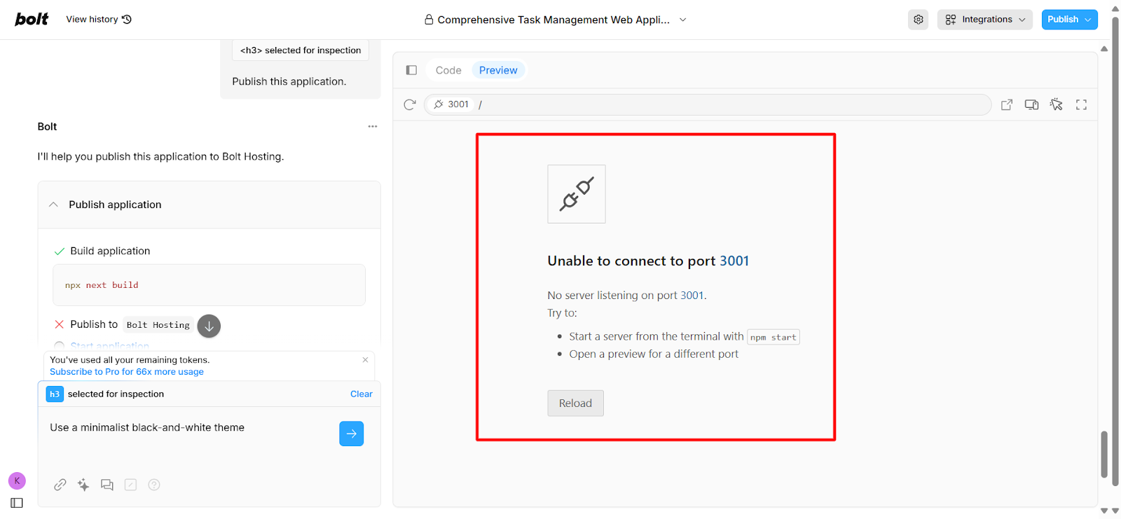 Bolt preview failure and error logs