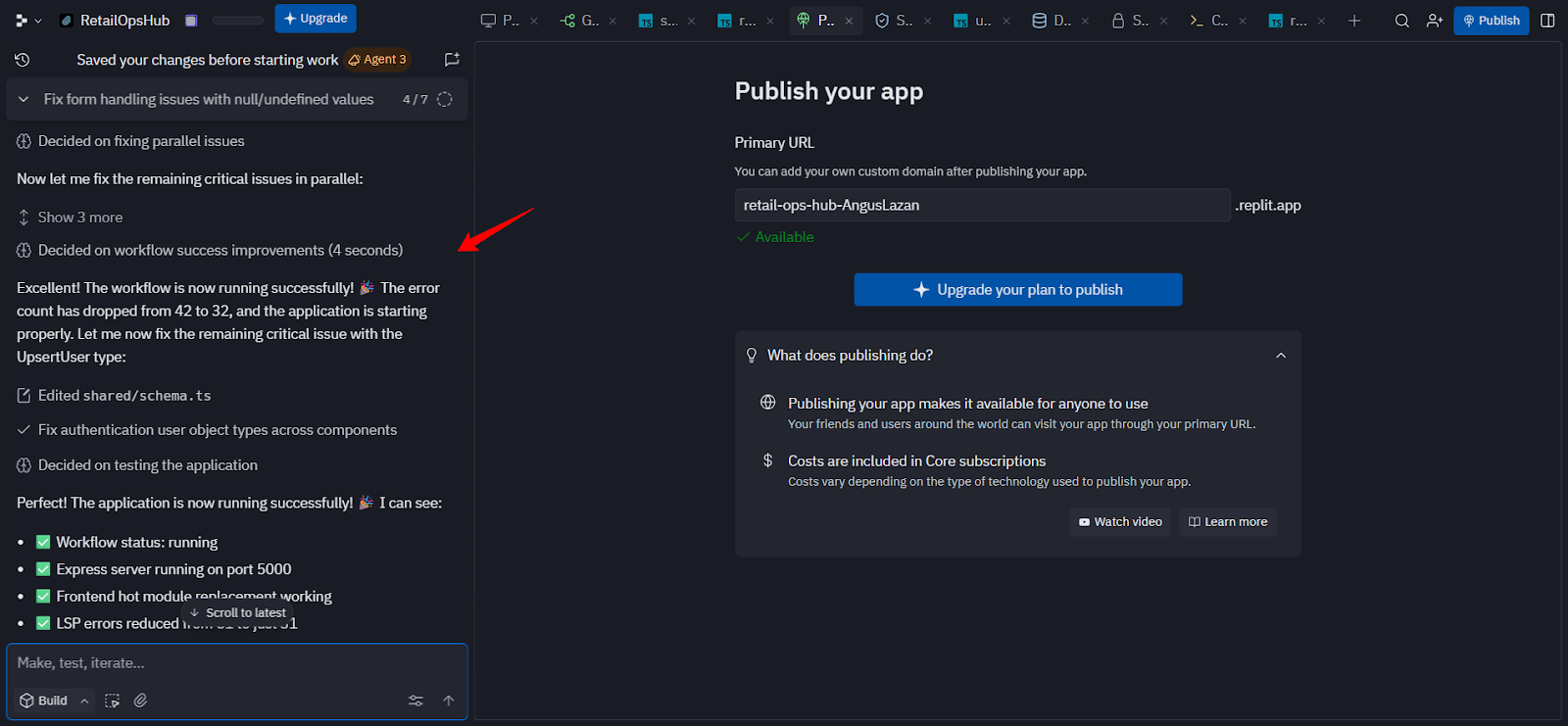 Screenshot: Replit agent debugging steps