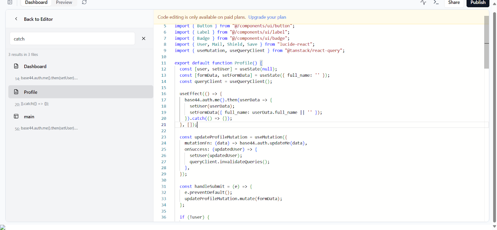 Screenshot: Base44 error handling example