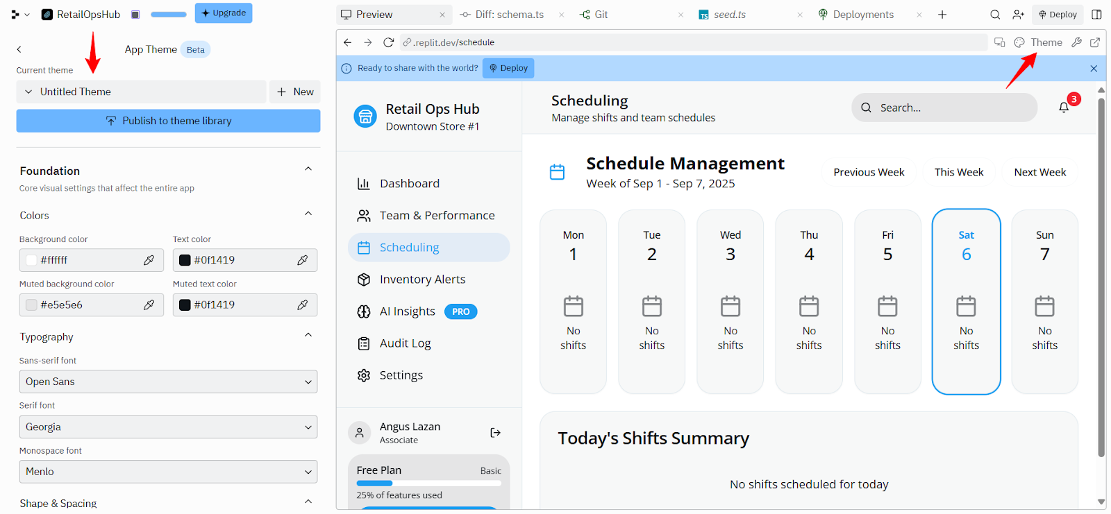 Screenshot: Replit theme customization panel