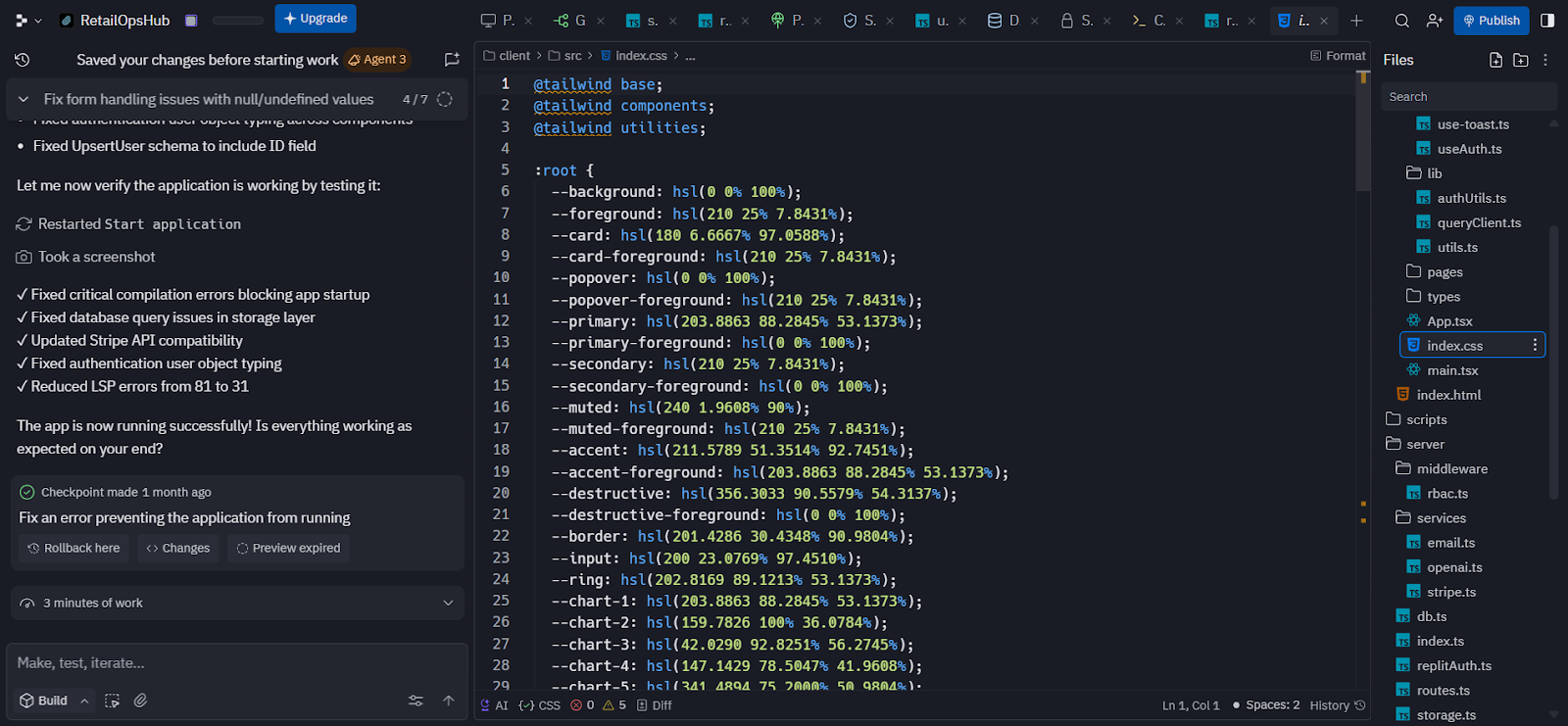 Screenshot: Replit Tailwind utility usage