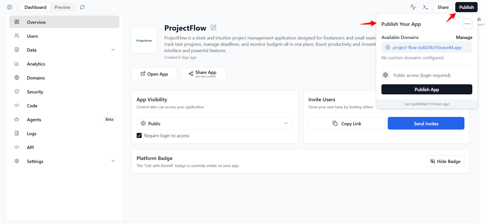 Screenshot: Base44 publish confirmation and domain