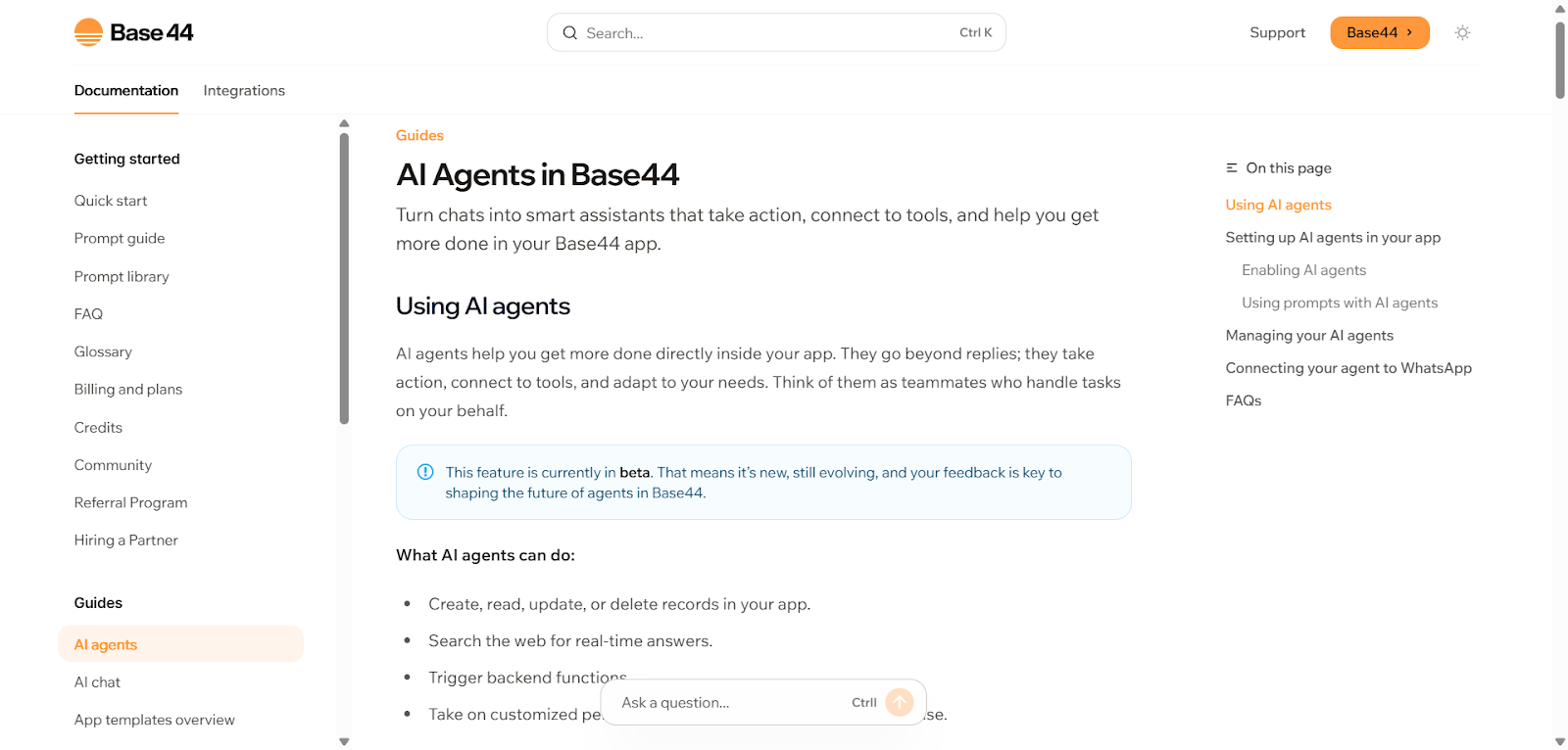 Screenshot: Base44 docs and guides
