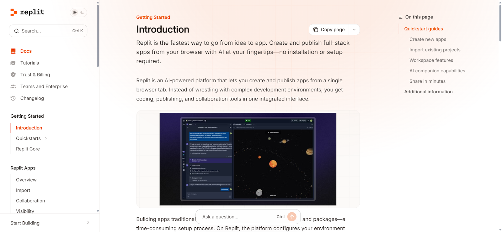 Screenshot: Replit documentation depth