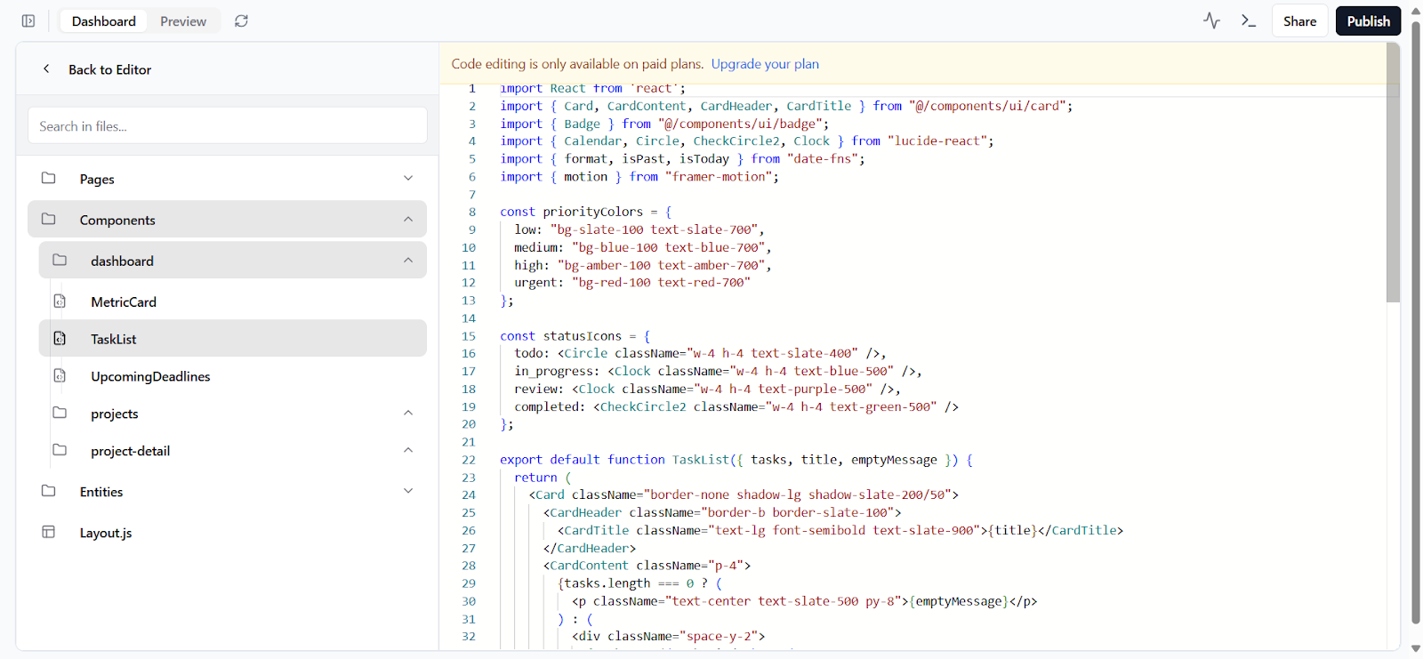 Screenshot: Base44 code structure and quality