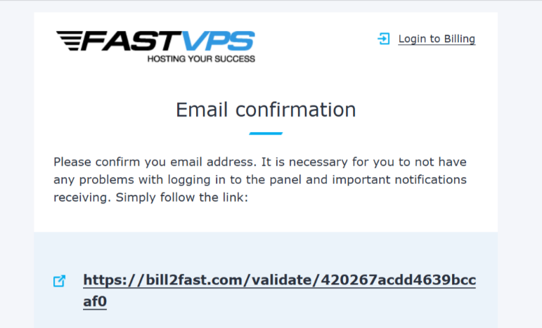 Screenshot of FASTVPS email confirmation message with validation link