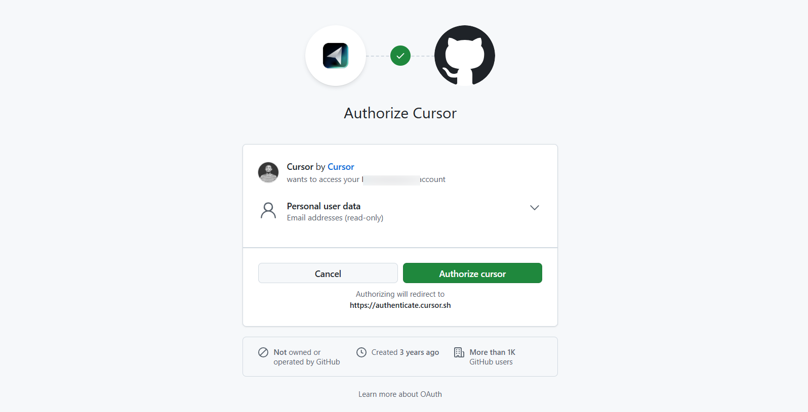 Cursor — GitHub OAuth screen