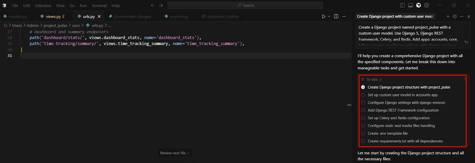 Cursor — guided checklist and diffs