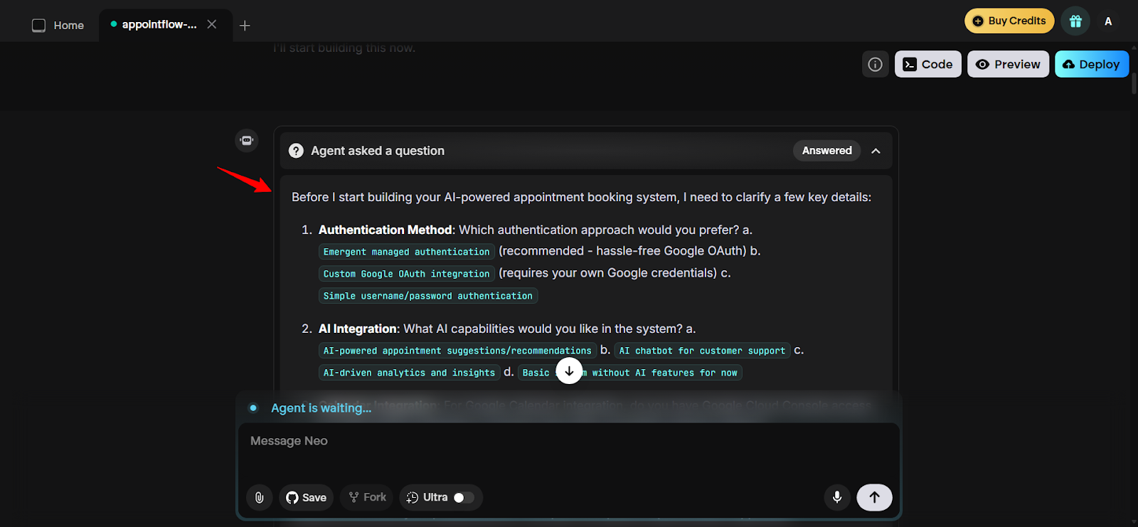Emergent asking clarifying questions before code generation