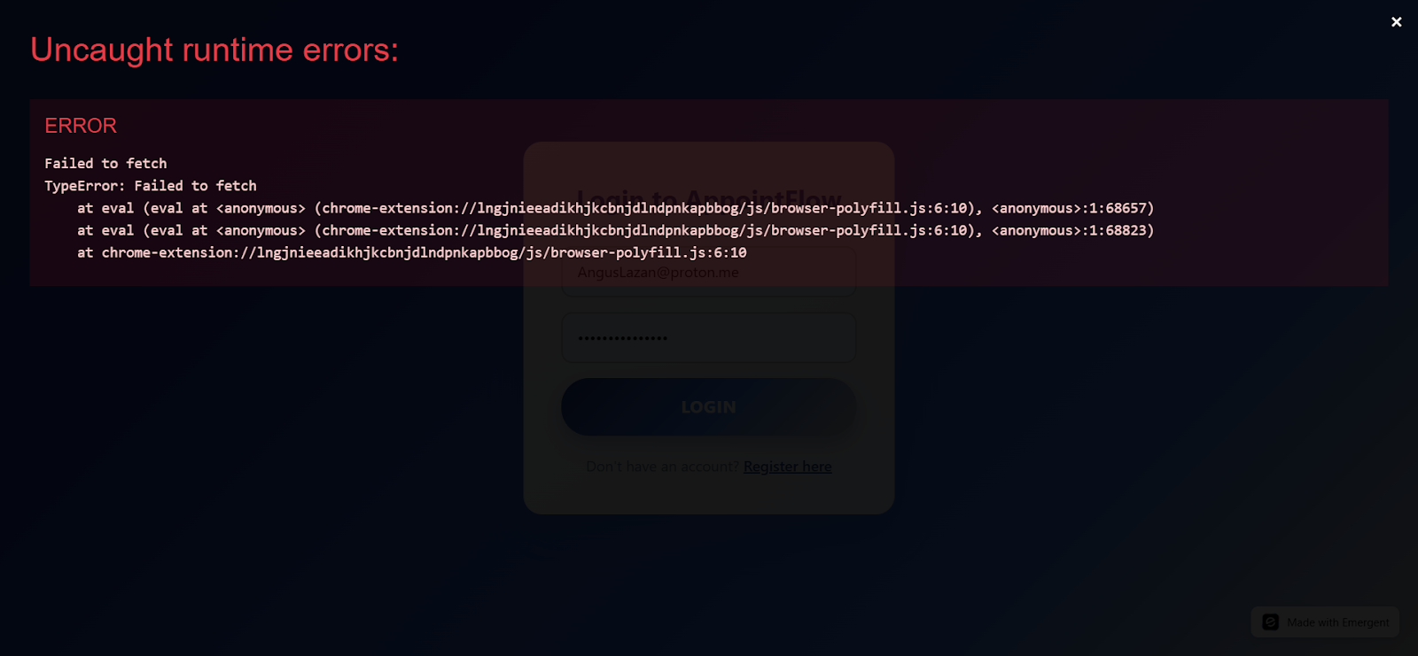 Browser preview overlay showing failed to fetch