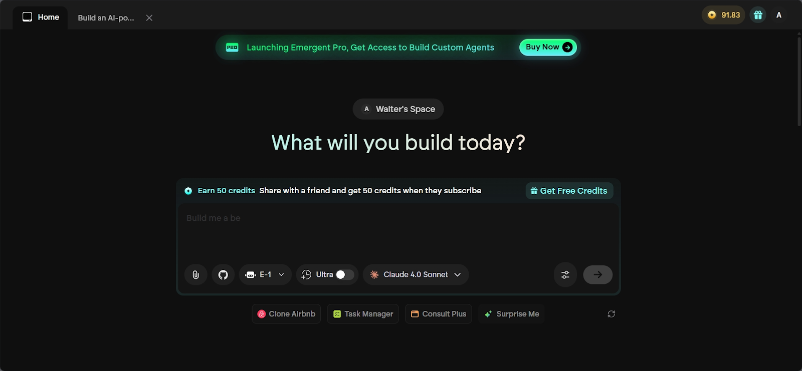 Emergent builder first-load screen with prompt and advanced controls