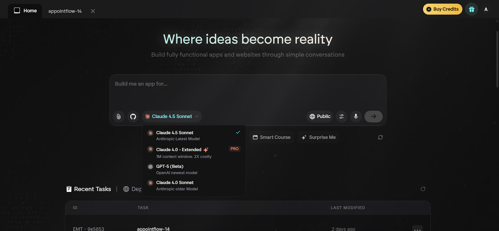 Emergent dashboard with prompt and options