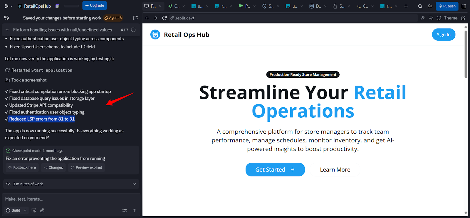 Replit error count decreasing while fixes apply