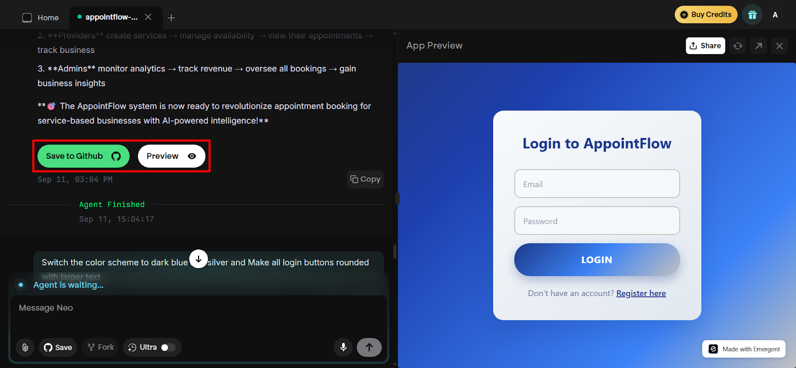 Emergent deploy and GitHub export options