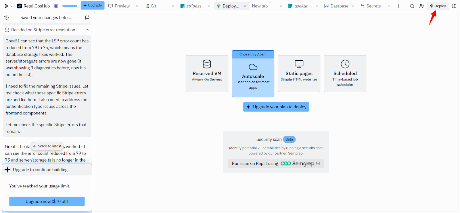 Replit deployment options including autoscale and reserved VMs