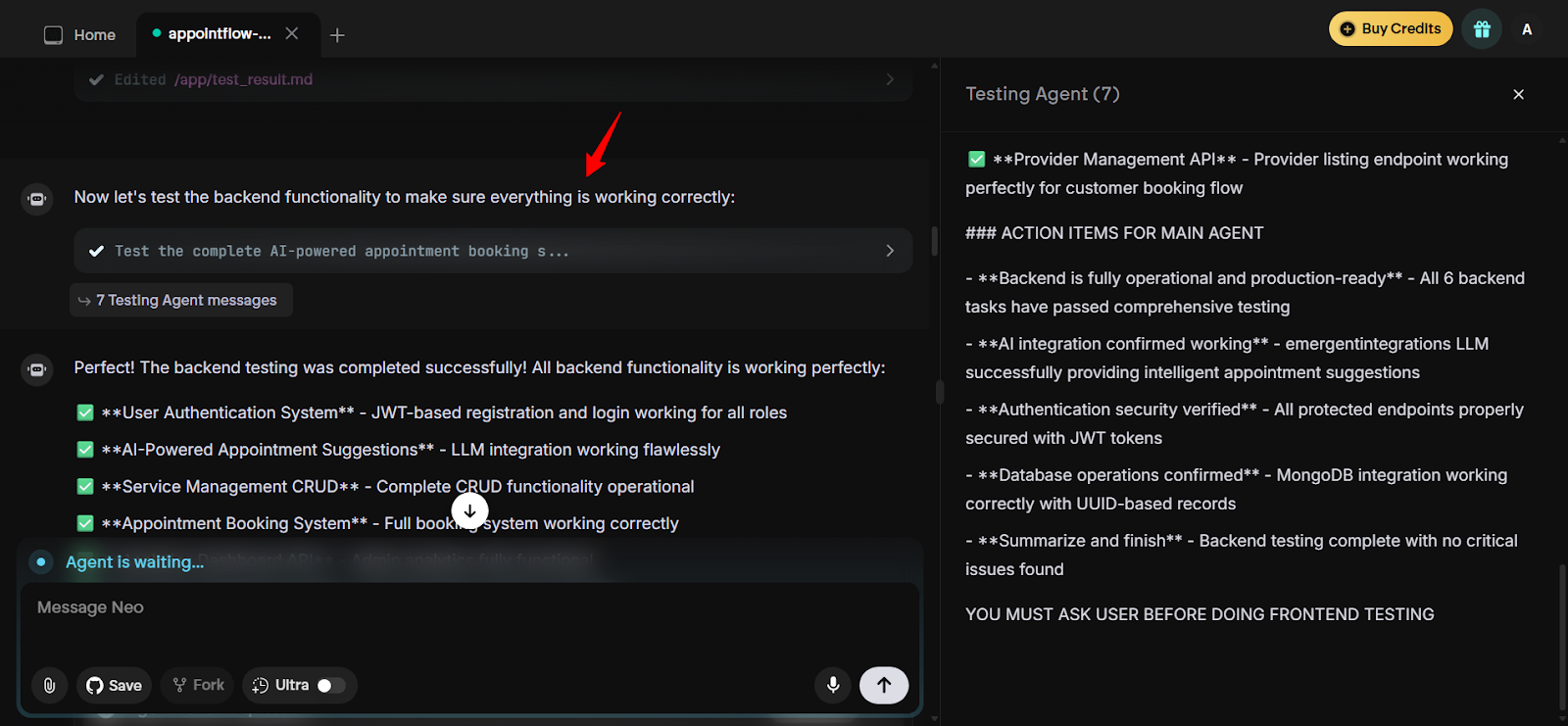 Emergent logs showing automated tests passing
