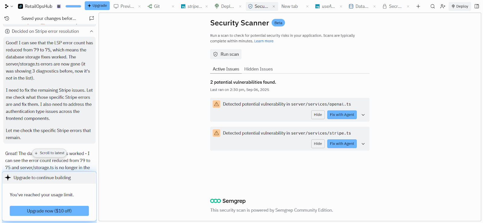 Replit security scanner results panel