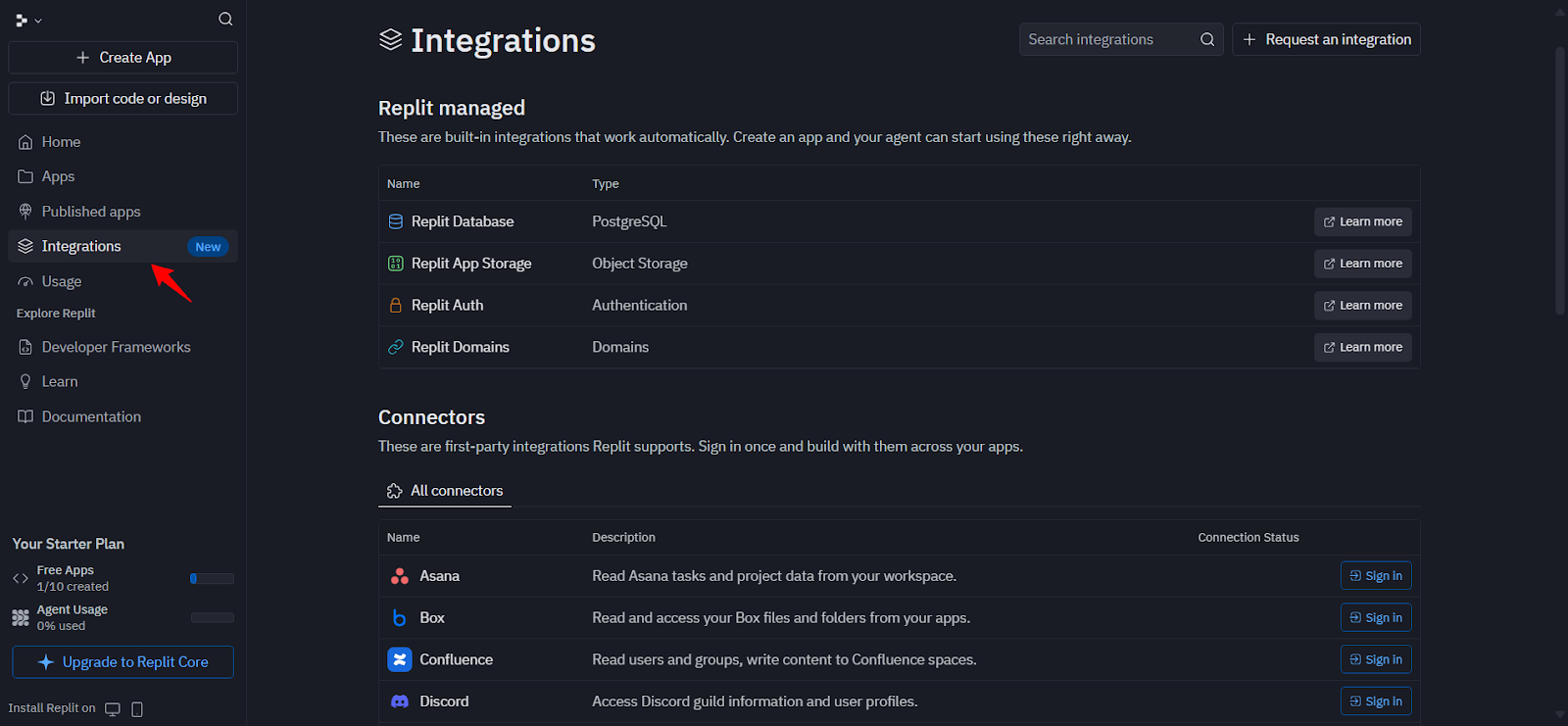Replit integrations list including Gmail, Notion, Slack, Drive