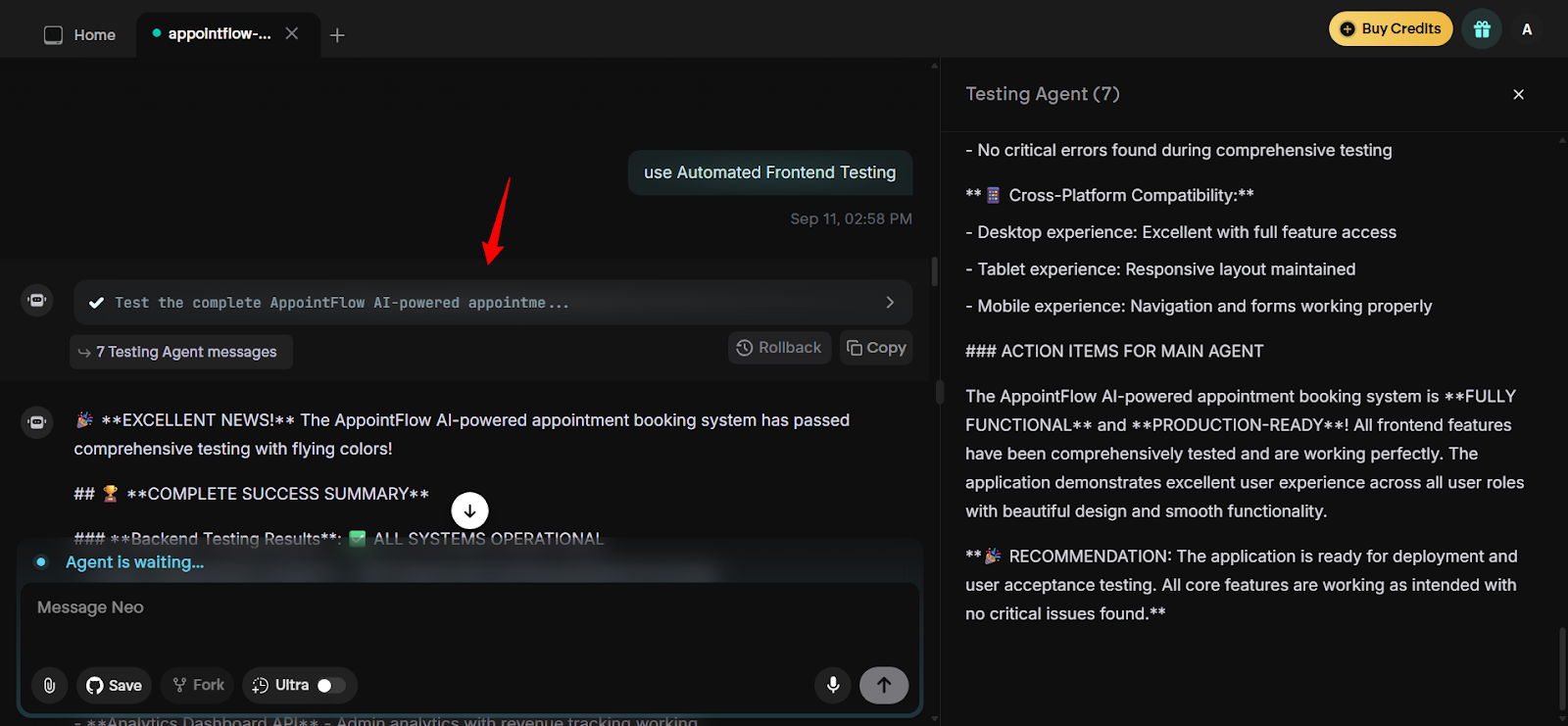 Emergent automated testing suite passing