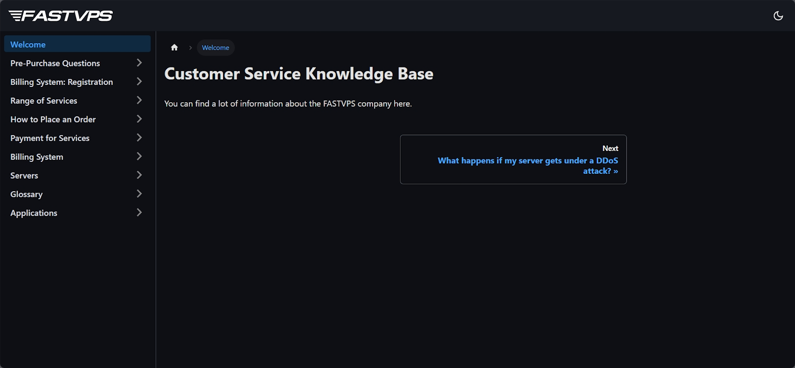 Screenshot of FASTVPS customer service knowledge base welcome page