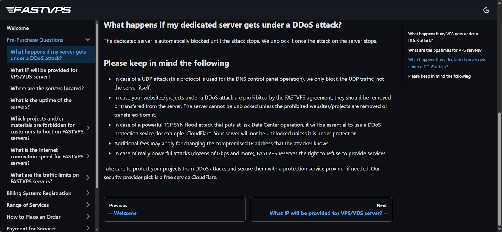Screenshot of FASTVPS DDoS attack knowledge base article