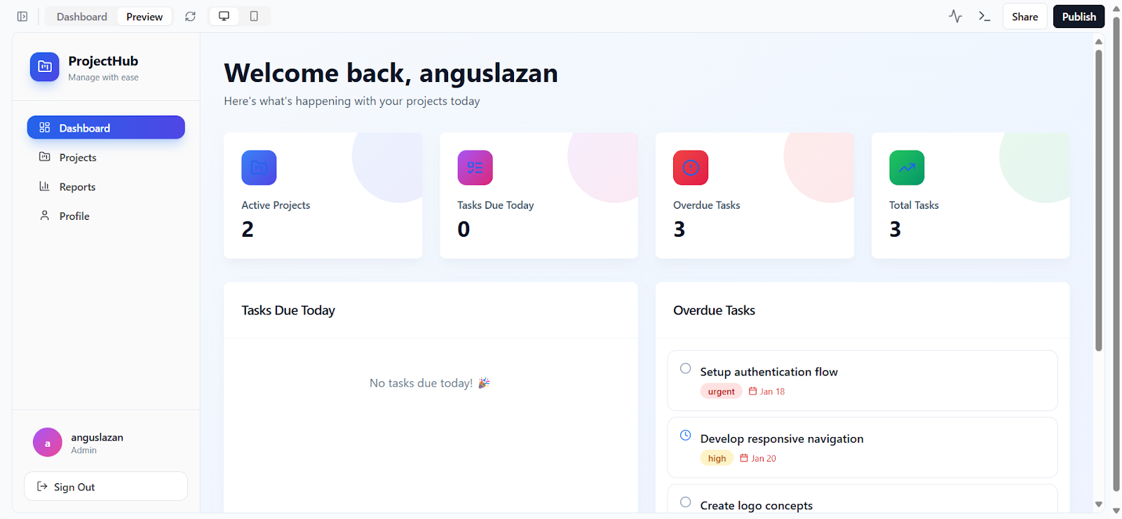 Base44 'ProjectFlow' dashboard – KPIs, activity feed, projects, reports, settings